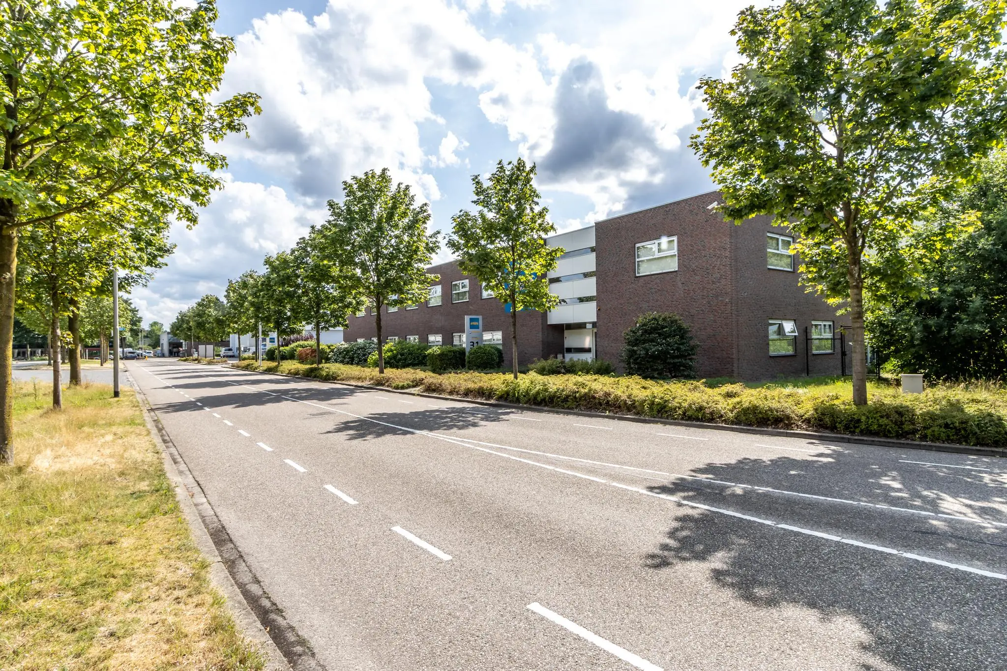 Bedrijfsgebouw aan de Terminalweg met bomen langs een rustige, brede weg op een zonnige dag.