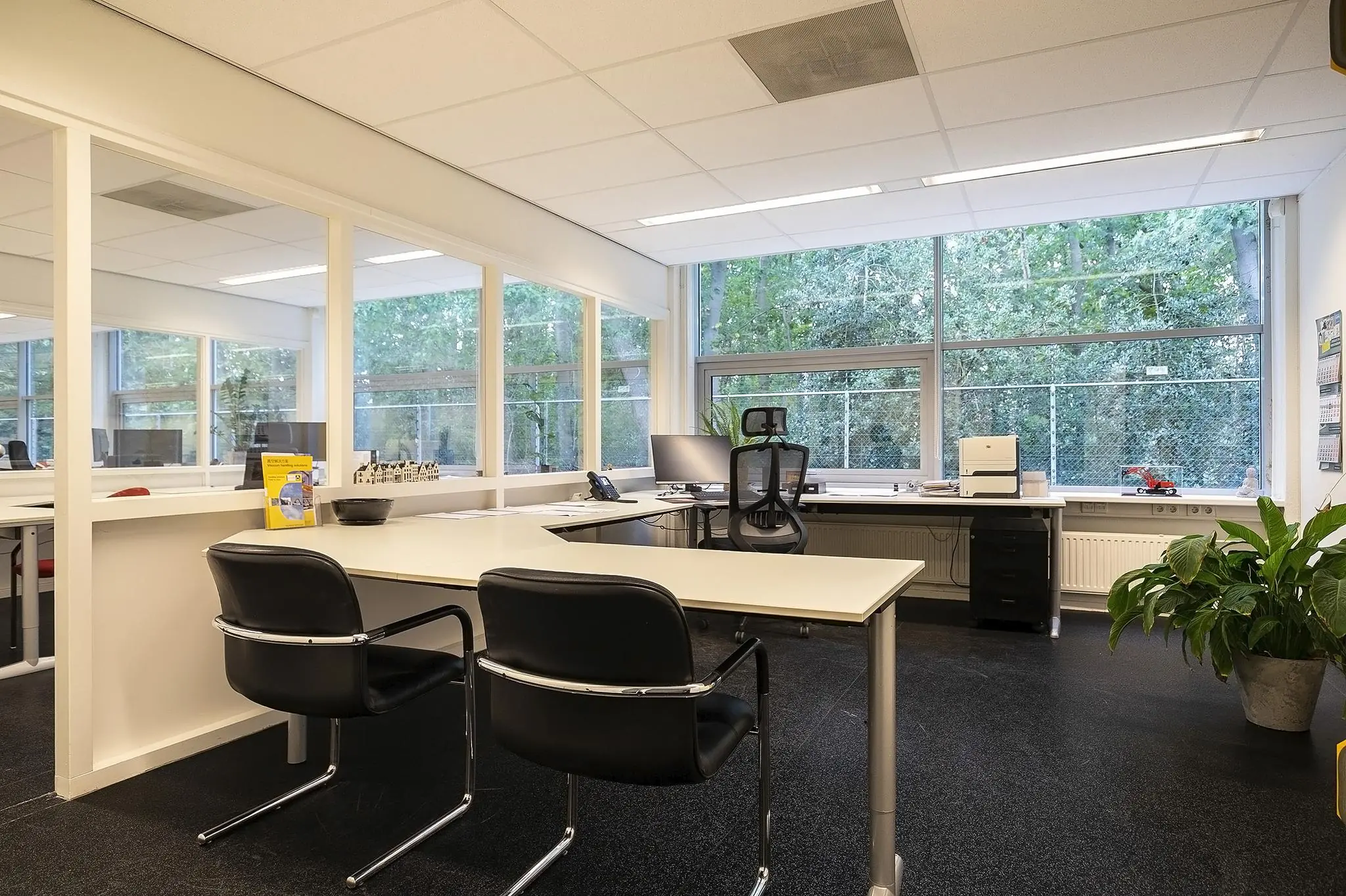 Modern kantoor aan de Banningstraat met strakke bureaus, glazen wanden en uitzicht op een groene buitenomgeving.