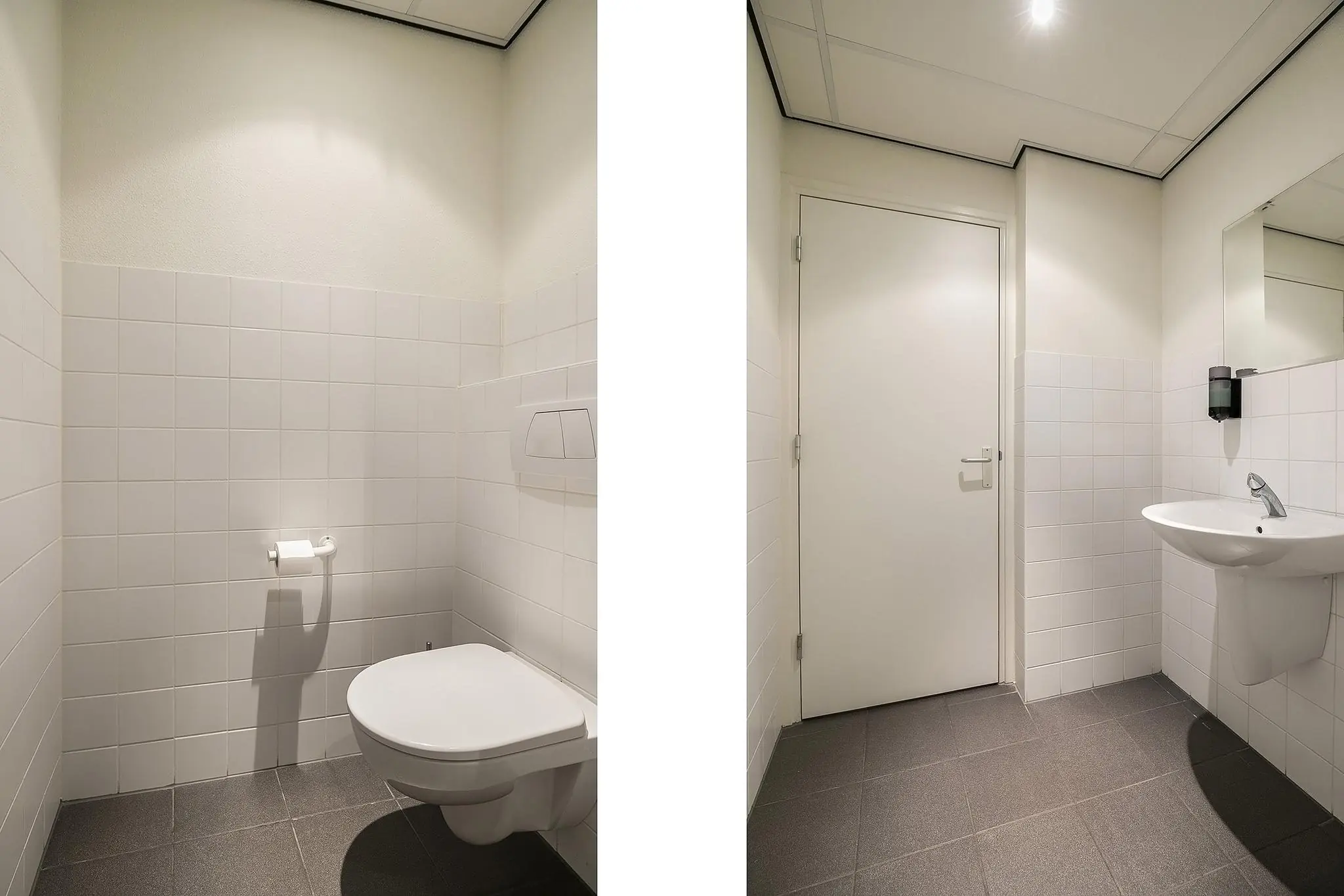 Moderne, betegelde toiletruimte met hangtoilet, wastafel en spiegel aan de Banningstraat.