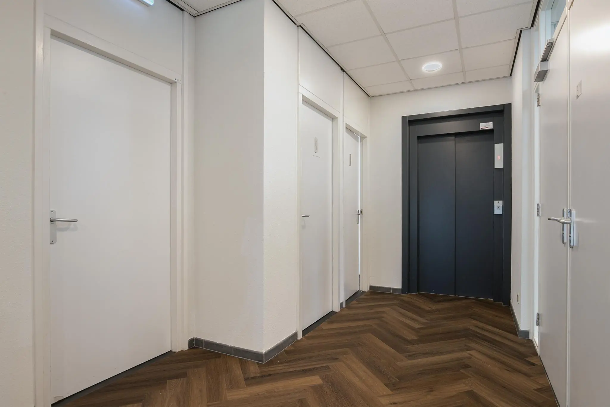 Moderne gang met witte deuren, een zwarte liftdeur en visgraat houten vloer in een gebouw aan de Cypresbaan.