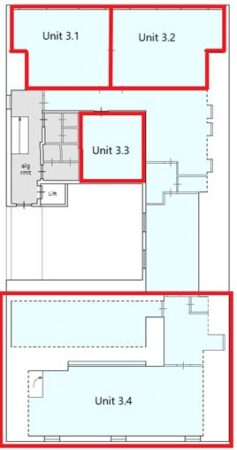 Plattegrond van Herengracht met in rood omkaderde units 3.1, 3.2, 3.3 en 3.4.