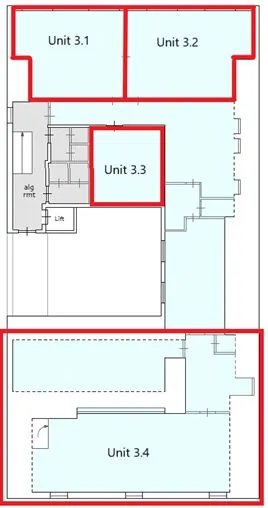 Plattegrond van Herengracht met in rood omkaderde units 3.1, 3.2, 3.3 en 3.4.