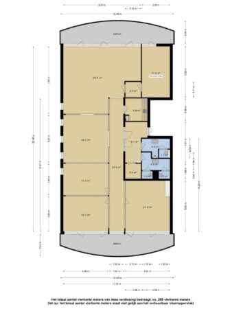 Plattegrond van een verdieping aan de Cypresbaan met diverse kamers, twee balkons en een totale oppervlakte van circa 269 vierkante meter.