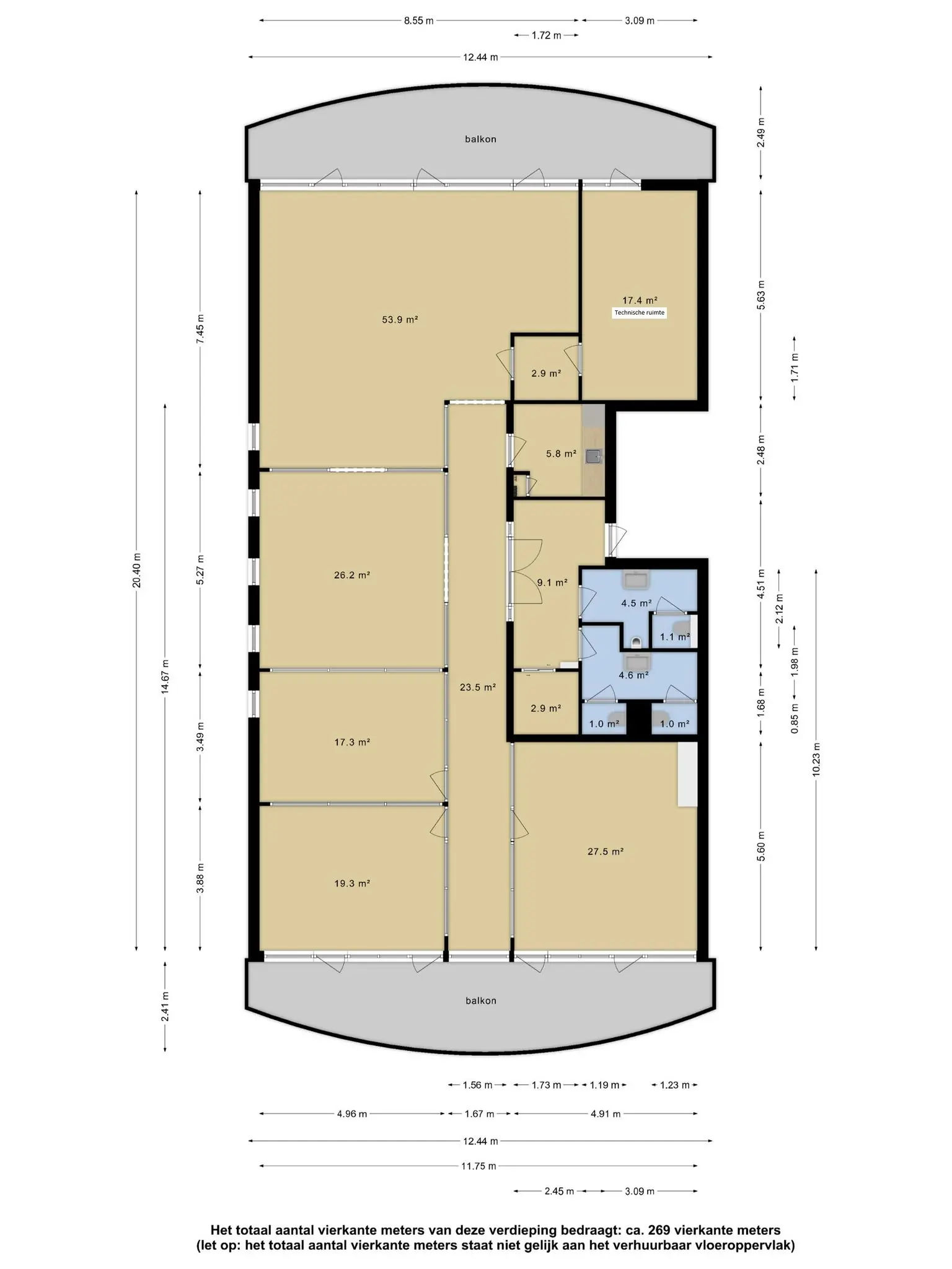 Plattegrond van een verdieping aan de Cypresbaan met diverse kamers, twee balkons en een totale oppervlakte van circa 269 vierkante meter.