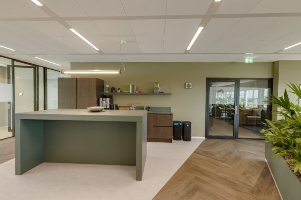Moderne kantoorruimte met een keukenblok, groene muur, en planten.
