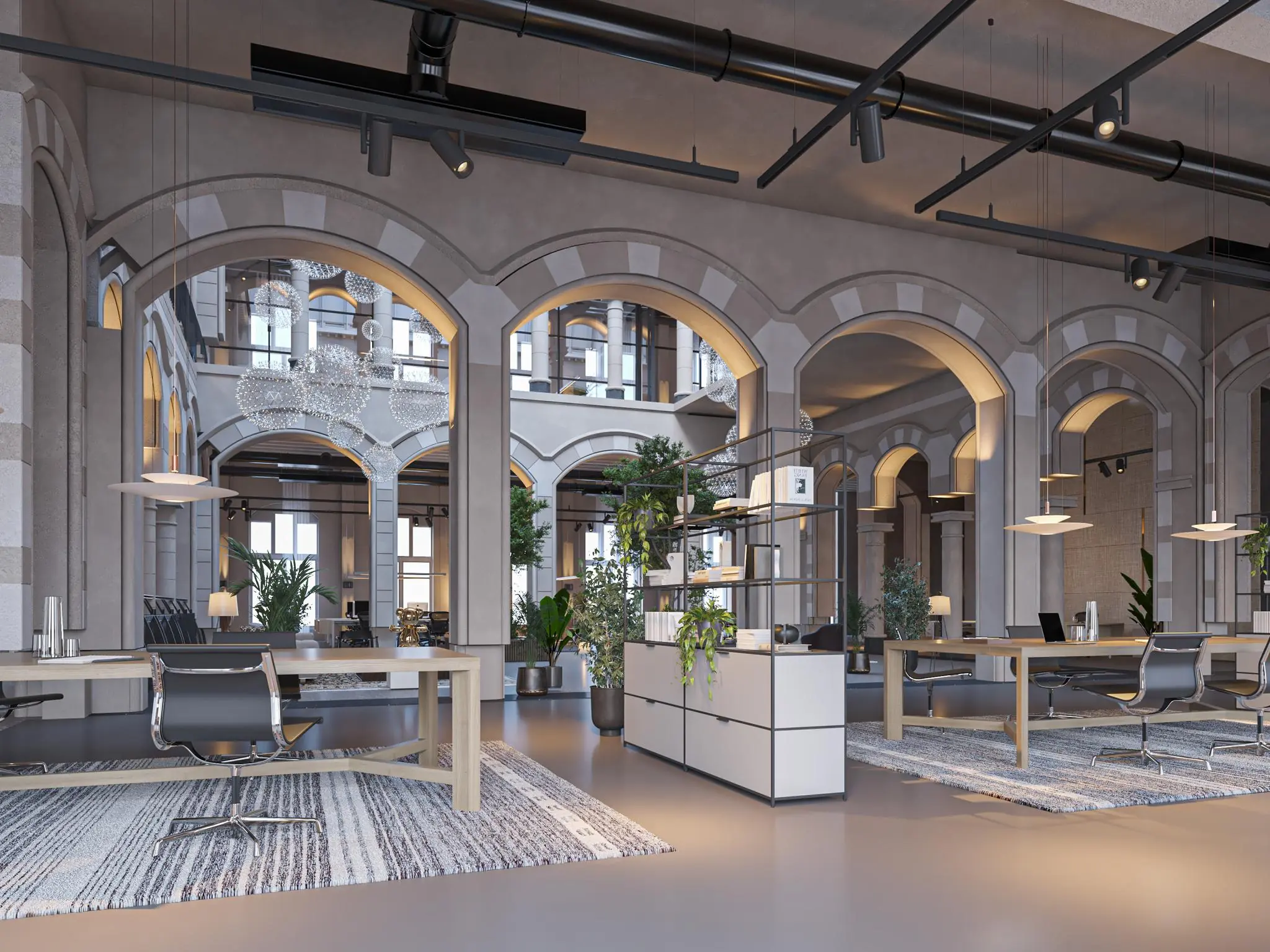 Modern ingericht kantoor in een historisch pand aan de Nieuwezijds Voorburgwal met hoge plafonds, boogconstructies en veel natuurlijk licht.