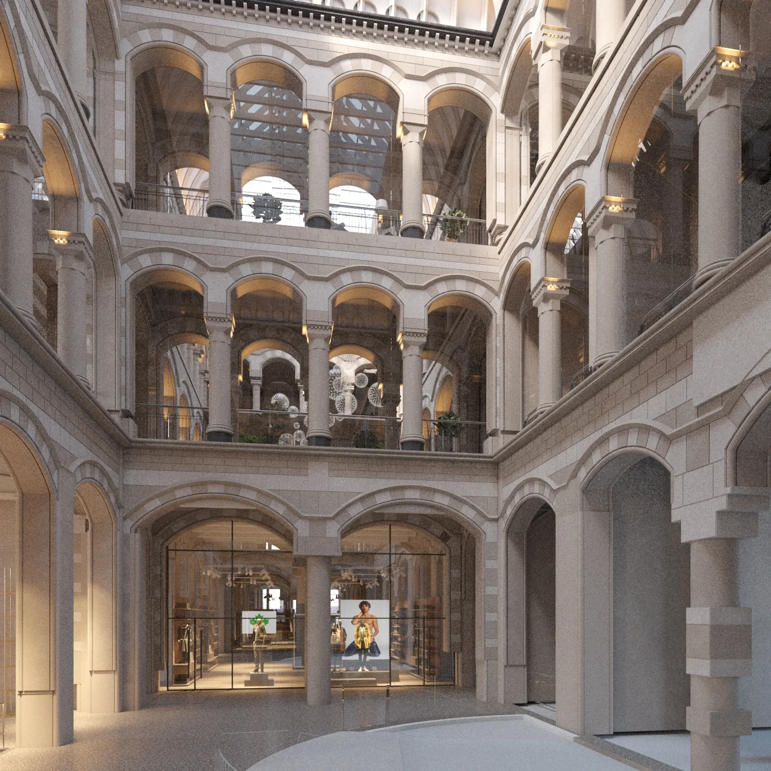 Binnenplaats met glazen dak en arcades in het historische pand aan de Nieuwezijds Voorburgwal.