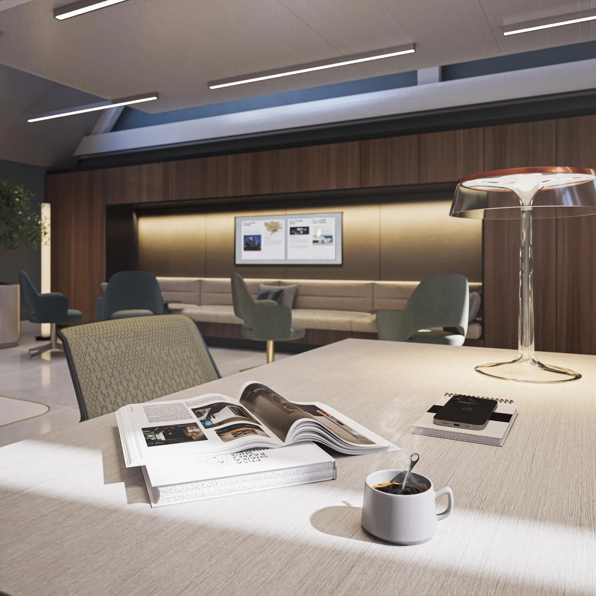 Moderne wachtruimte aan de Nieuwezijds Voorburgwal met een stijlvolle inrichting en een open tijdschrift op tafel.