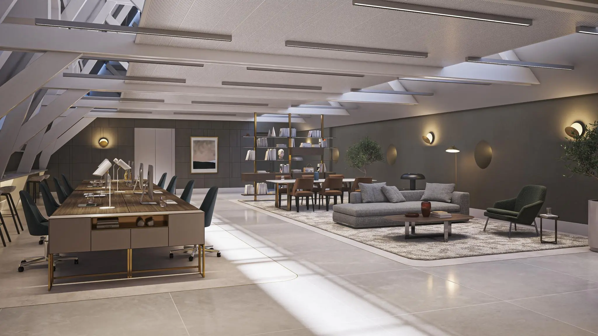 Modern ingericht kantoor op de Nieuwezijds Voorburgwal met open werkplekken, vergadertafel en loungehoek onder een schuin dak met dakramen.