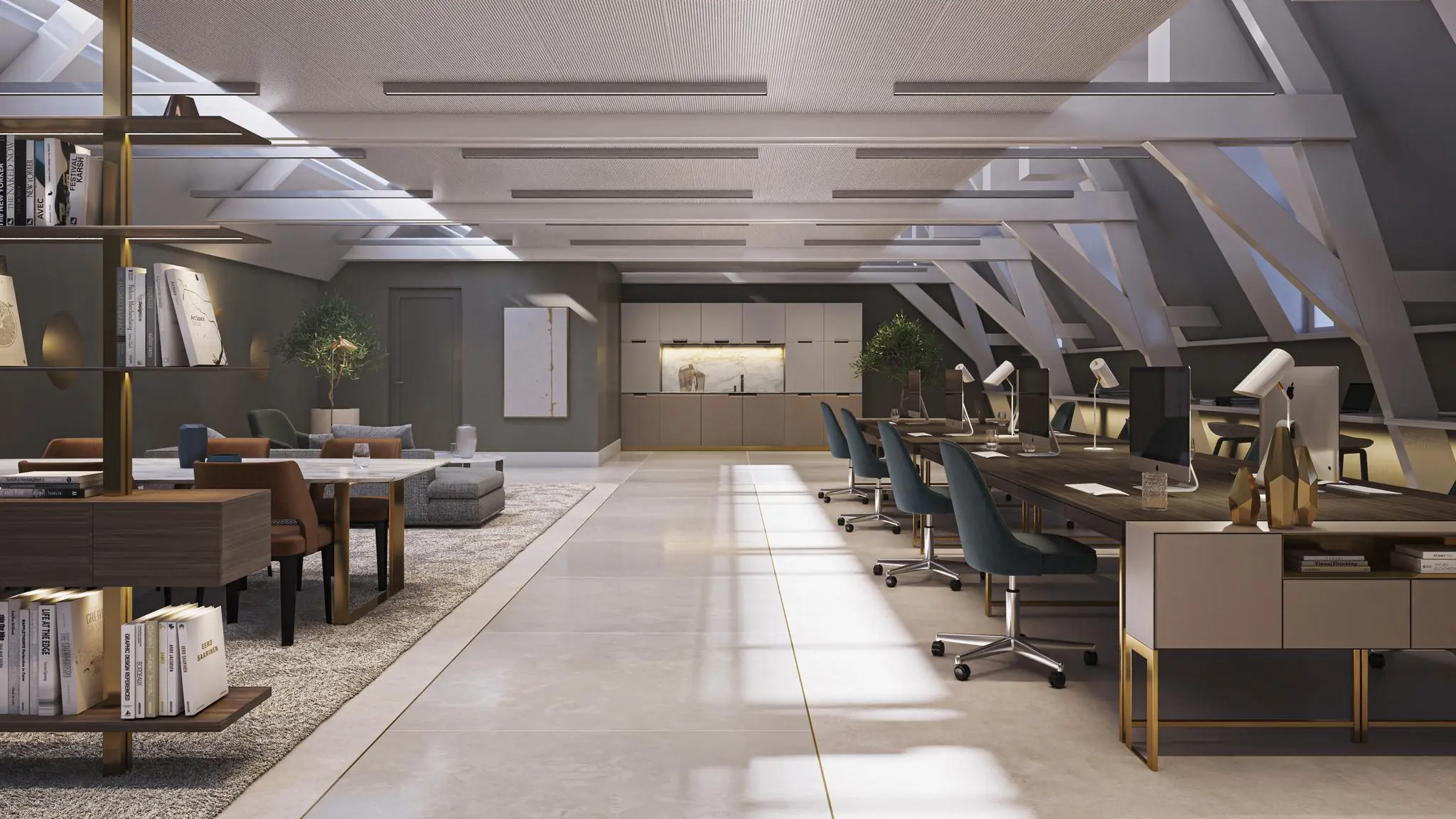 Modern kantoorinterieur aan de Nieuwezijds Voorburgwal met open werkplekken, loungesfeer en strakke afwerking onder een schuin dak.