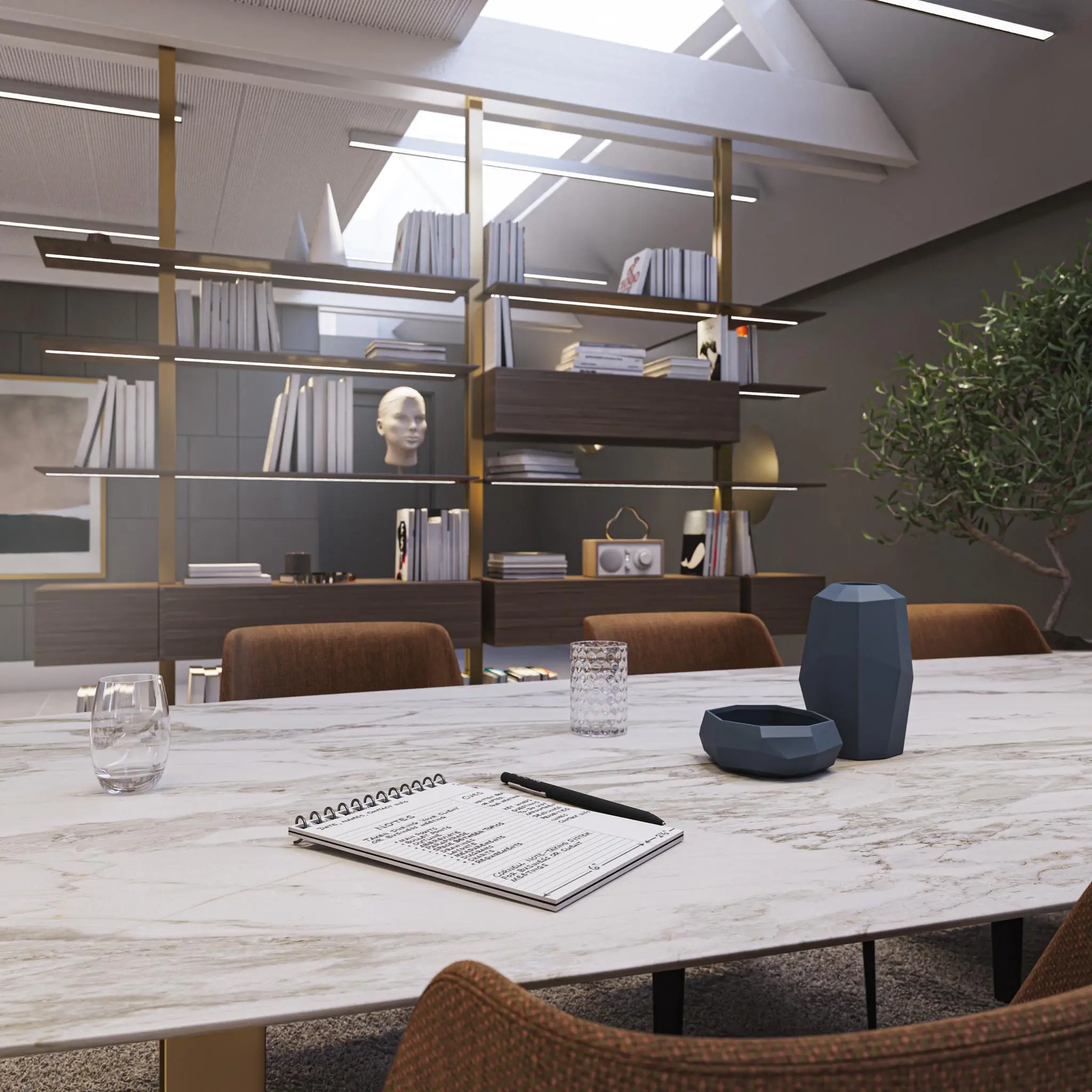 Moderne vergaderruimte aan de Nieuwezijds Voorburgwal met een marmeren tafel, designstoelen en open boekenkast.