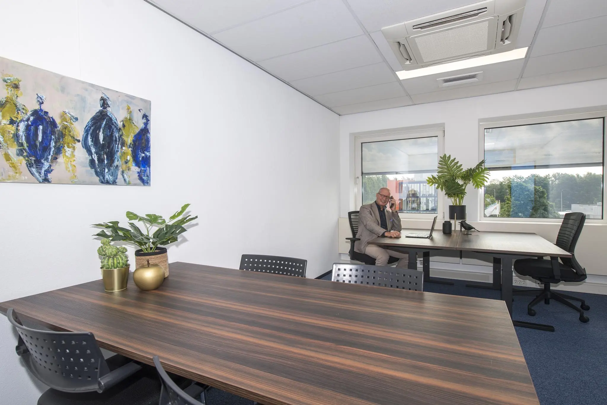 Kantoorruimte met houten vergadertafel, planten, kleurrijk schilderij en een man aan het werk achter een bureau.