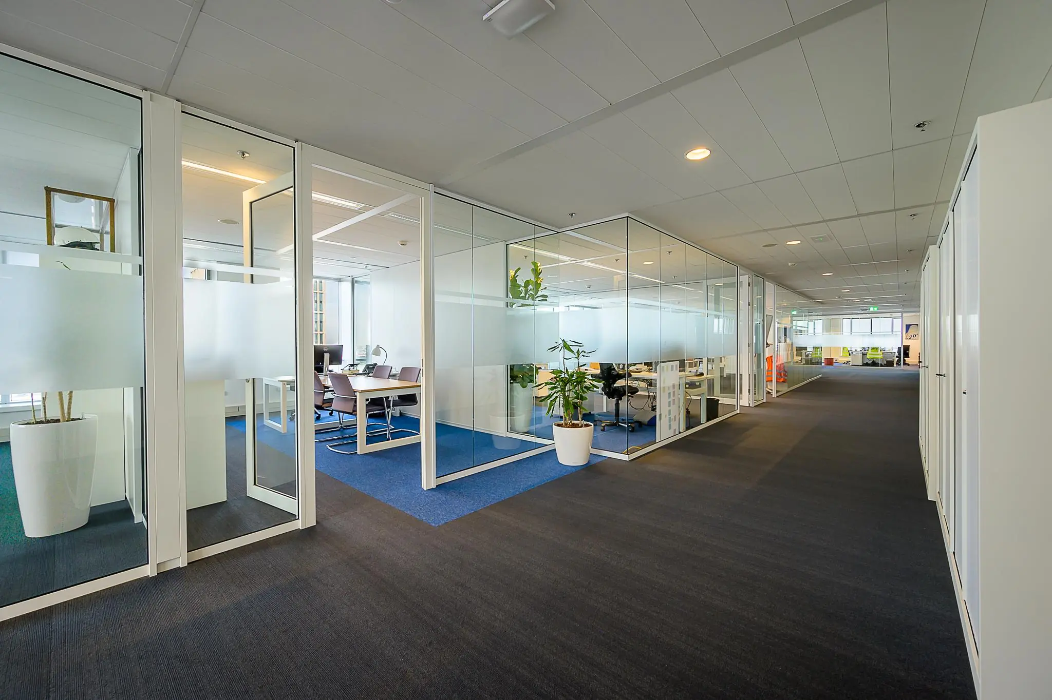 Moderne kantoorruimte aan het Weena met glazen vergaderruimtes en planten langs een brede gang.