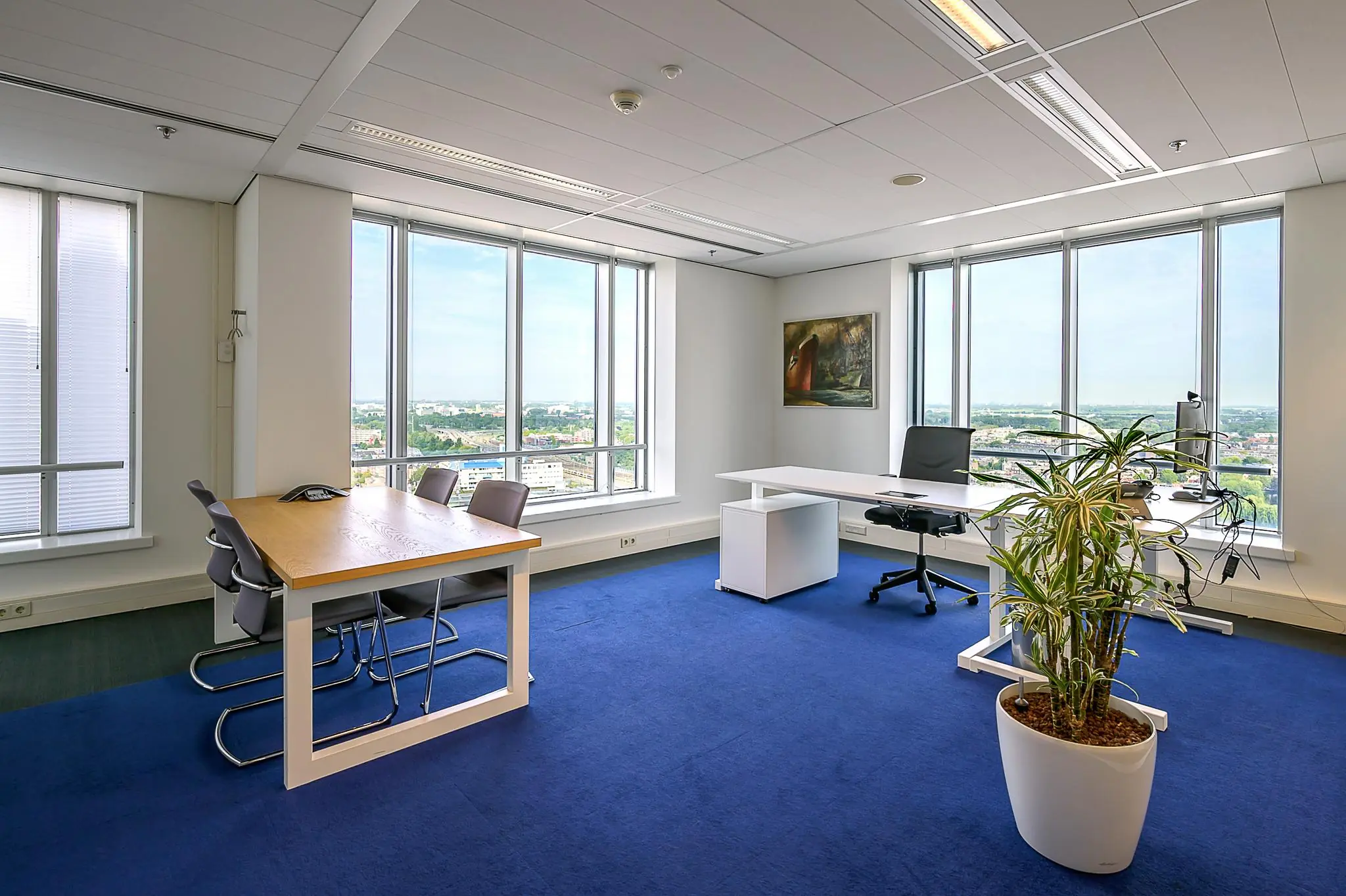 Modern kantoor met blauw tapijt, grote ramen met uitzicht over de stad en een strak ingerichte werkplek aan het Weena.