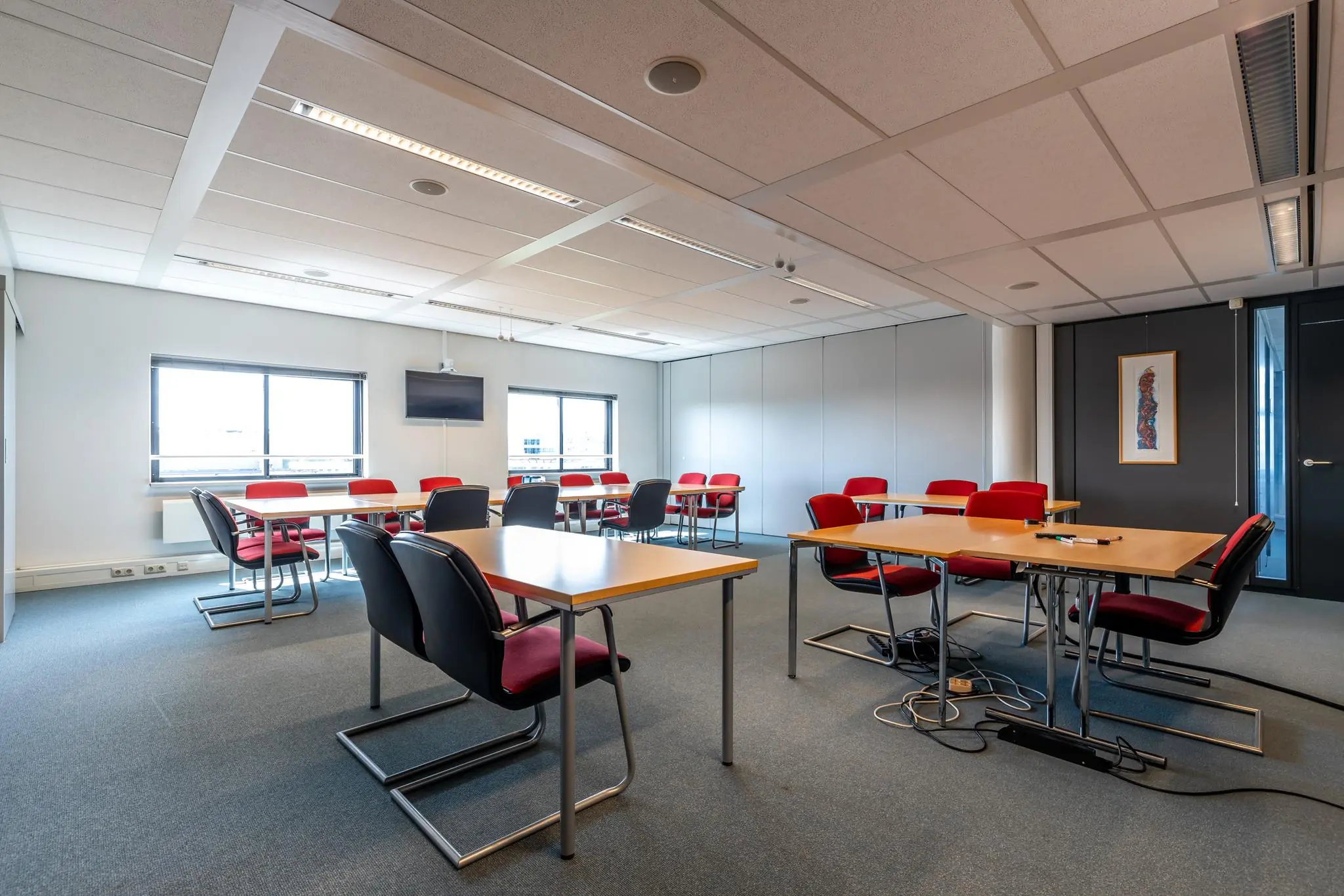 Ruime vergaderzaal aan de Euclideslaan met meerdere tafels, rode stoelen, een tv-scherm en veel daglicht.