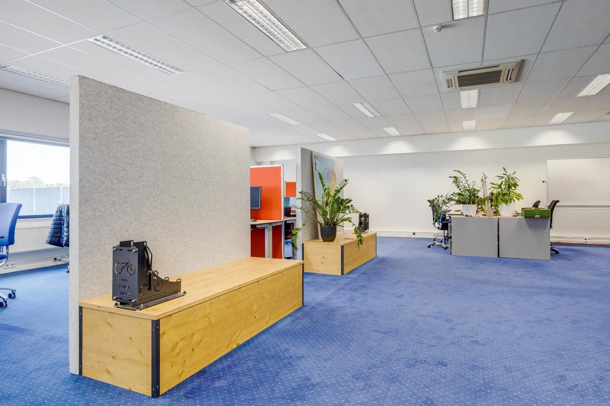 Ruim en licht kantoor met blauwe vloerbedekking, houten zithoeken, bureaus, planten en werkplekken met rode scheidingspanelen.