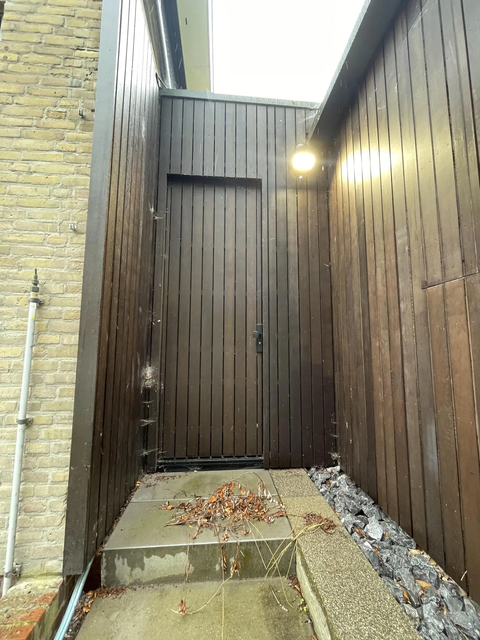 Donkere houten buitendeur aan de Sloterweg met bovenverlichting en herfstbladeren op de betonnen stoep.