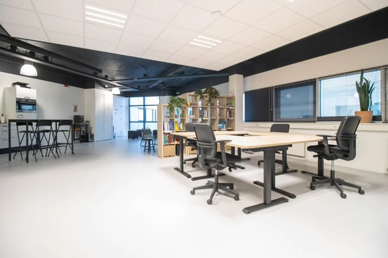 Moderne en lichte kantoorruimte aan de Hogehilweg met bureaus, bureaustoelen, planten en open kasten.