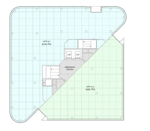 Plattegrond van een verdieping aan de Hogehilweg met twee units (4.1 en 4.2), algemene ruimte en liften.