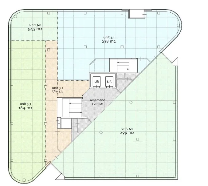 Plattegrond van de kantoorverdieping aan de Hogehilweg met verschillende units en algemene ruimte.
