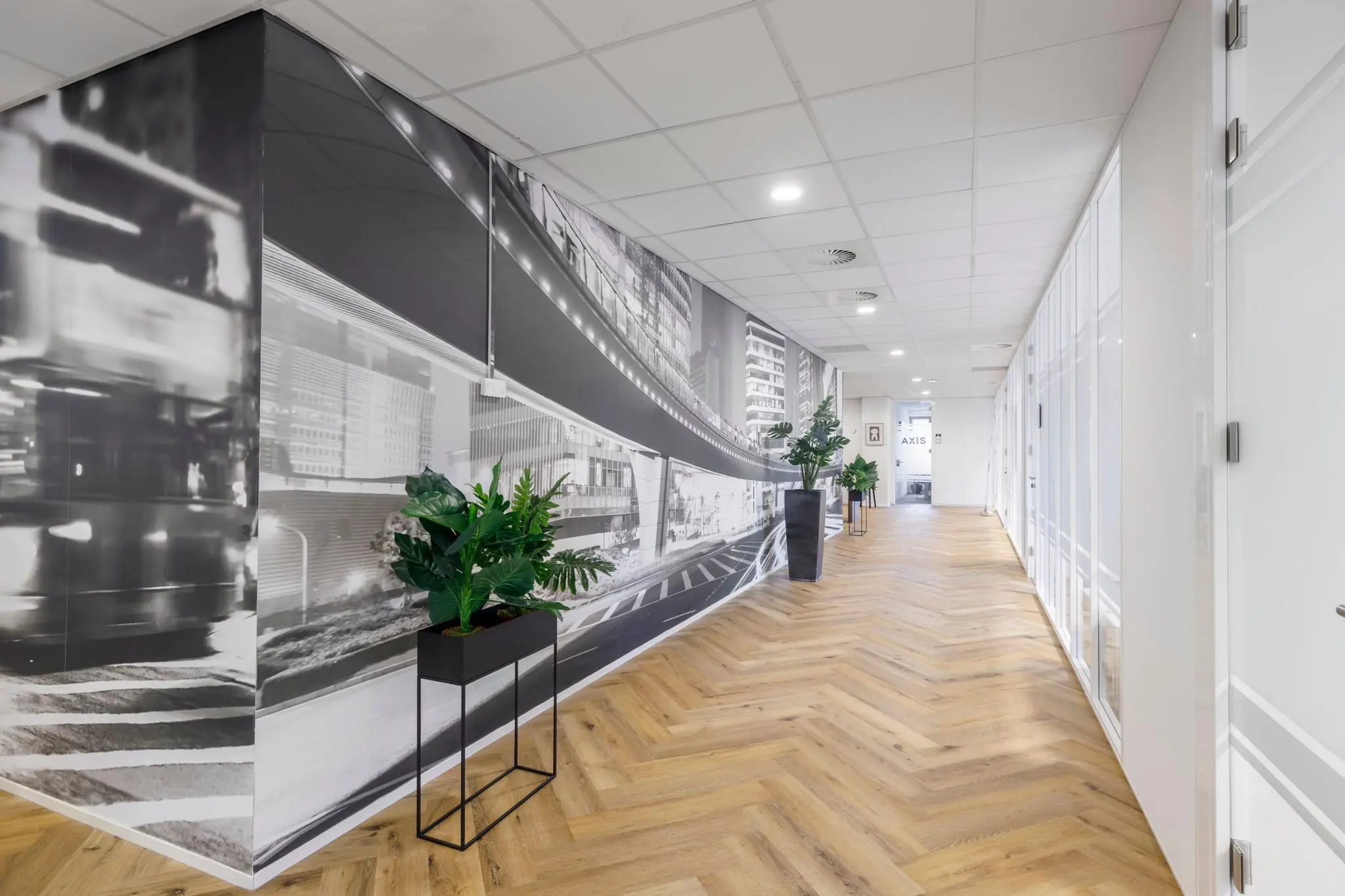 Moderne kantoorgang met houten visgraatvloer, zwart-witte stadsfoto op de muur en planten in strakke bakken.
