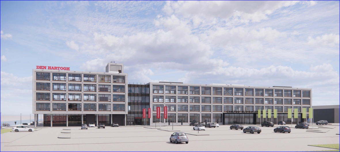 Modern bedrijfs- en onderwijsgebouw aan de Sluisjesdijk met de namen "Den Hartogh" en "Campus Sluisjesdijk" op de gevel.
