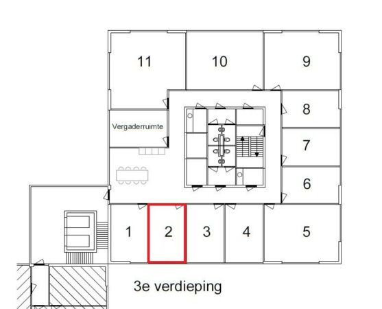 Plattegrond van de derde verdieping aan de Cypresbaan met kamer 2 rood omlijnd.