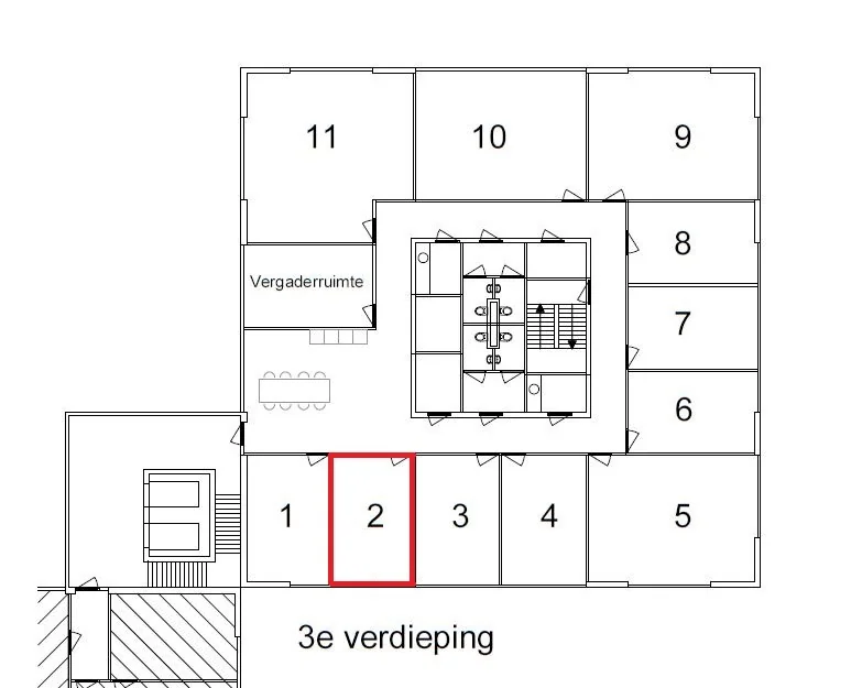Plattegrond van de derde verdieping aan de Cypresbaan met kamer 2 rood omlijnd.