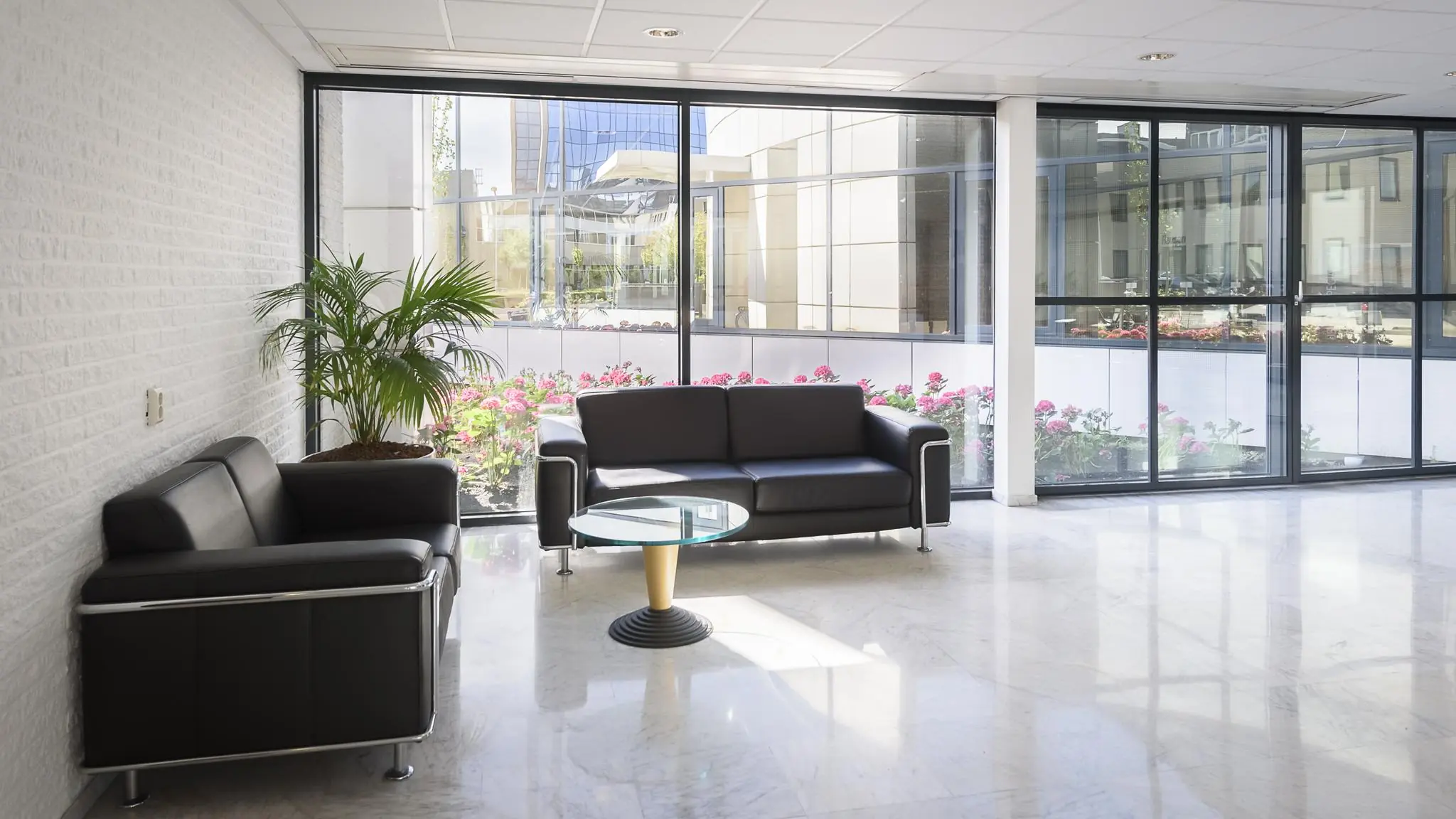 Wachtruimte met zwarte leren banken, glazen salontafel en uitzicht op een binnentuin met bloemen aan de Cypresbaan.