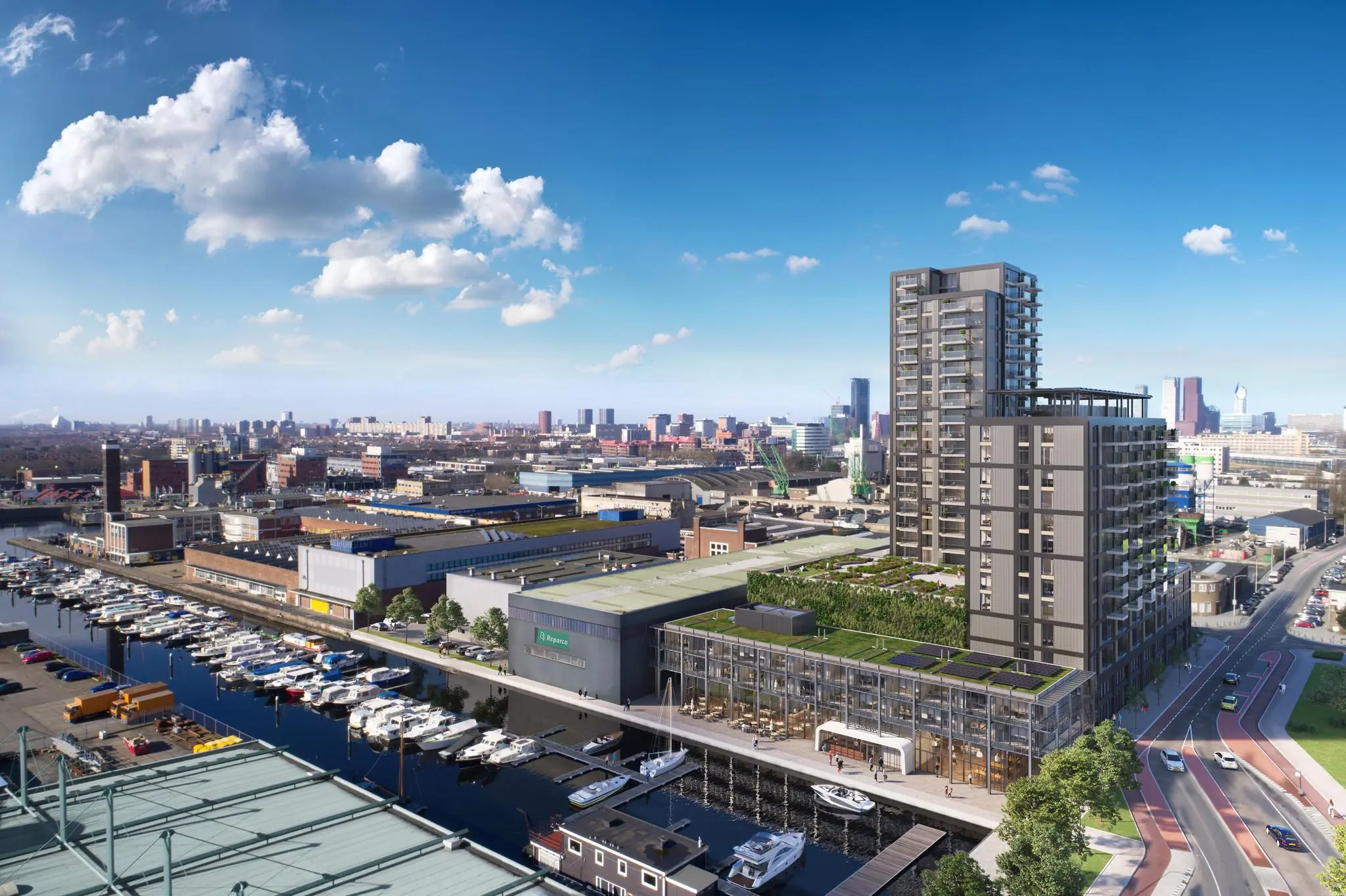 Modern wooncomplex aan de Melkwegstraat met uitzicht op een jachthaven en de skyline van een stedelijk industriegebied.