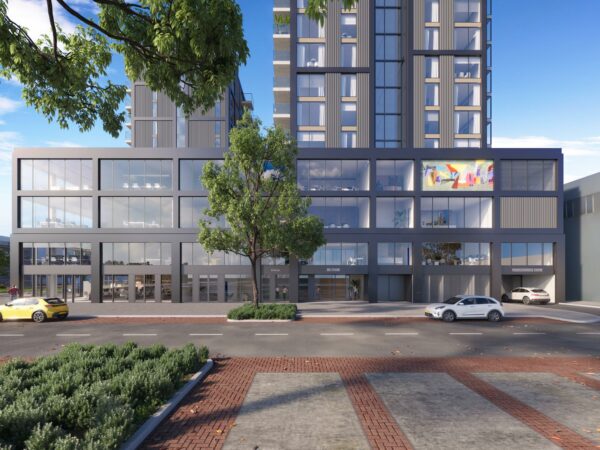 Moderne hoogbouw aan de Melkwegstraat met glazen gevel, winkels op de begane grond en geparkeerde auto’s ervoor.