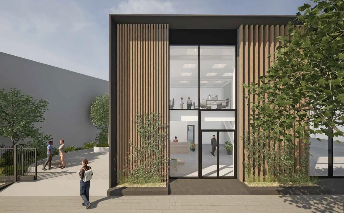 Moderne kantoorgebouw aan de Strickledeweg met verticale houten gevelbekleding en grote ramen.