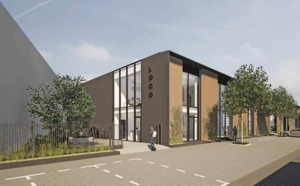 Moderne bedrijfspand aan de Strickledeweg met houten gevelaccenten en grote glazen ramen.