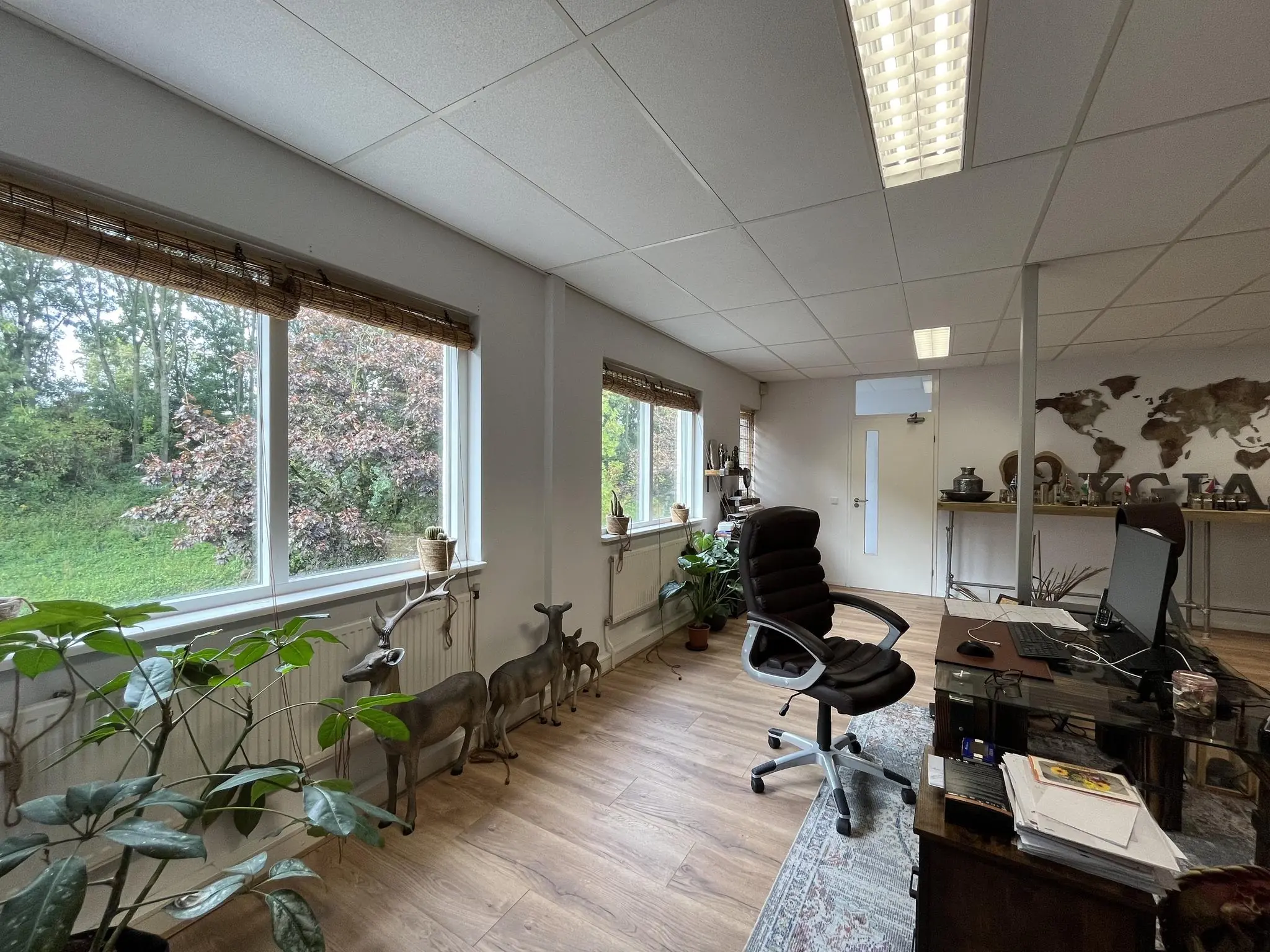 Modern kantoor aan de Computerweg met groot bureau, comfortabele bureaustoel, wereldkaart aan de muur en uitzicht op groen buitengebied.