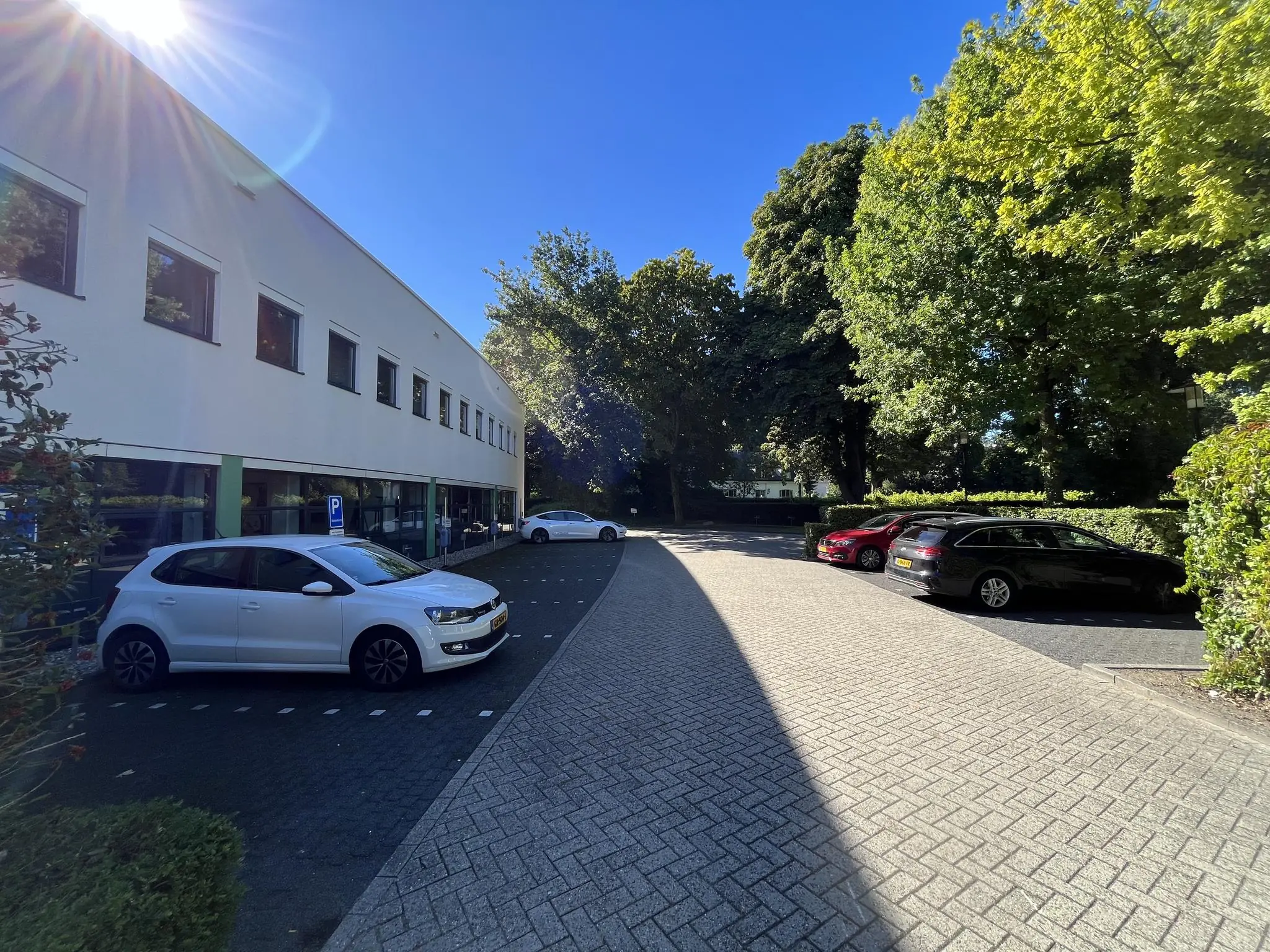 Parkeergelegenheid bij kantoorpand Sparrenheuvel met geparkeerde auto's en omliggende bomen in de zon.