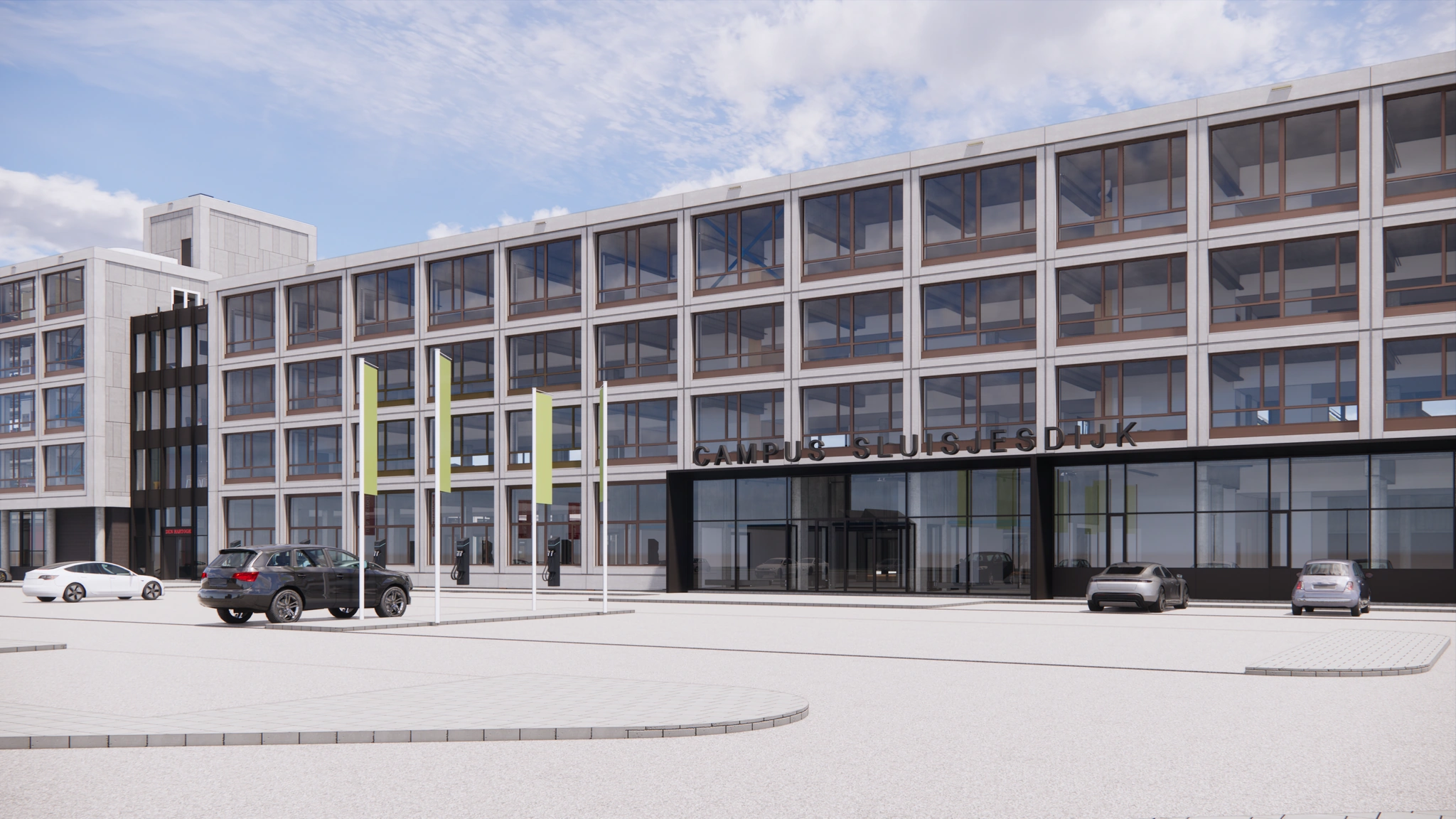 Modern kantoorgebouw met glazen gevel en ingang met het opschrift "Campus Sluisjesdijk".