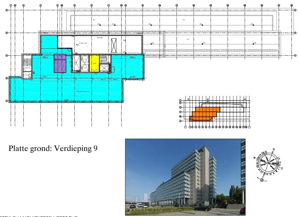 Plattegrond van de 9e verdieping en foto van het gebouw aan de Watermanweg.