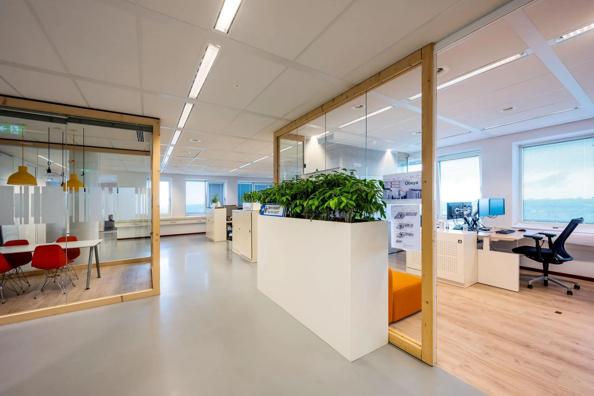 Modern kantoorinterieur aan de Watermanweg met glazen vergaderruimtes, bureaus en een grote plantenbak.