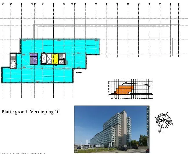 Plattegrond van de tiende verdieping van het gebouw aan de Watermanweg met een foto van de buitenzijde van het pand.