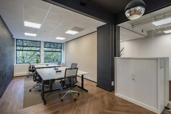 Modern ingericht kantoor aan de Coolsingel met bureaus, bureaustoelen en grote ramen met uitzicht op bomen.