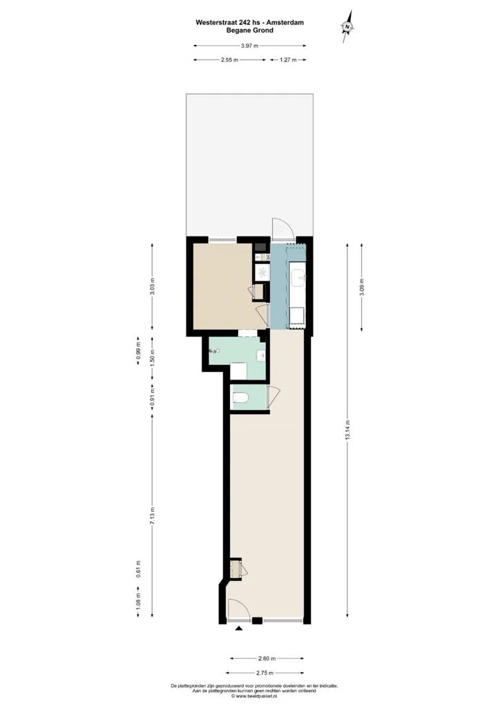 Plattegrond van de begane grond van een woning aan de Westerstraat 242 hs in Amsterdam.