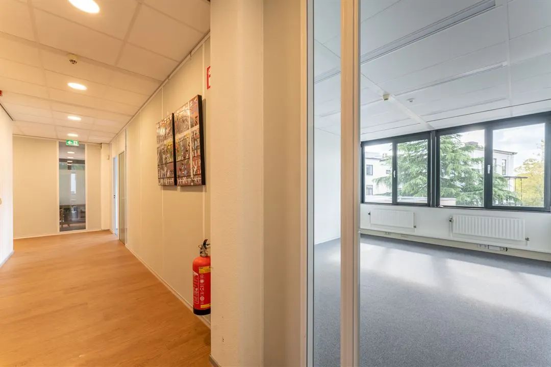 Lichte kantoorruimte aan de Amalialaan met uitzicht op groen en toegang via een nette gang met houten vloer.