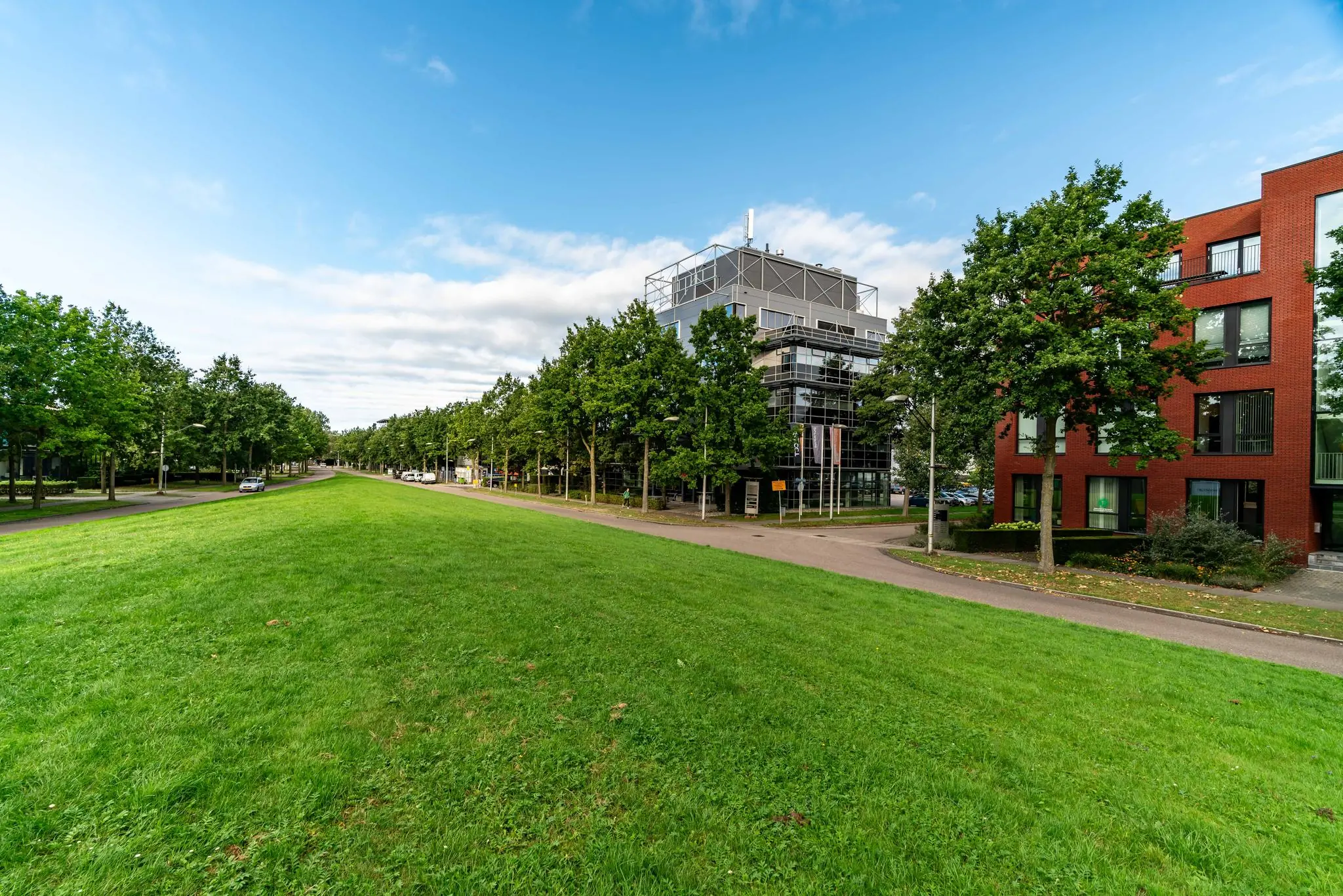 Groene parkstrook met moderne kantoorgebouwen aan het Delftechpark in Delft.