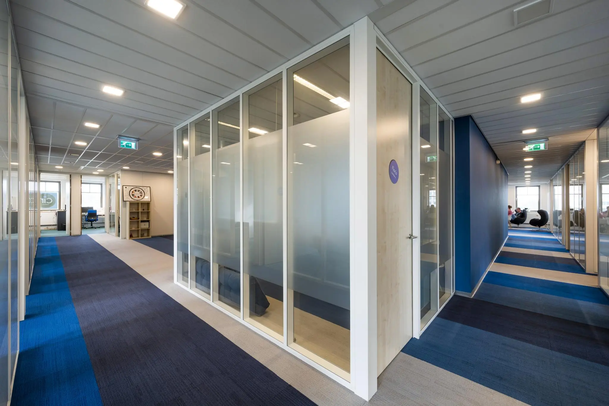 Moderne kantoorruimte aan de Derkinderenstraat met glazen vergaderruimtes en blauw tapijt.