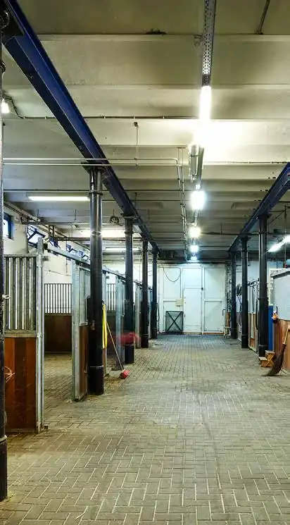 Binnenzicht van een lege, goed onderhouden paardenstal aan de Ruysdaelkade.