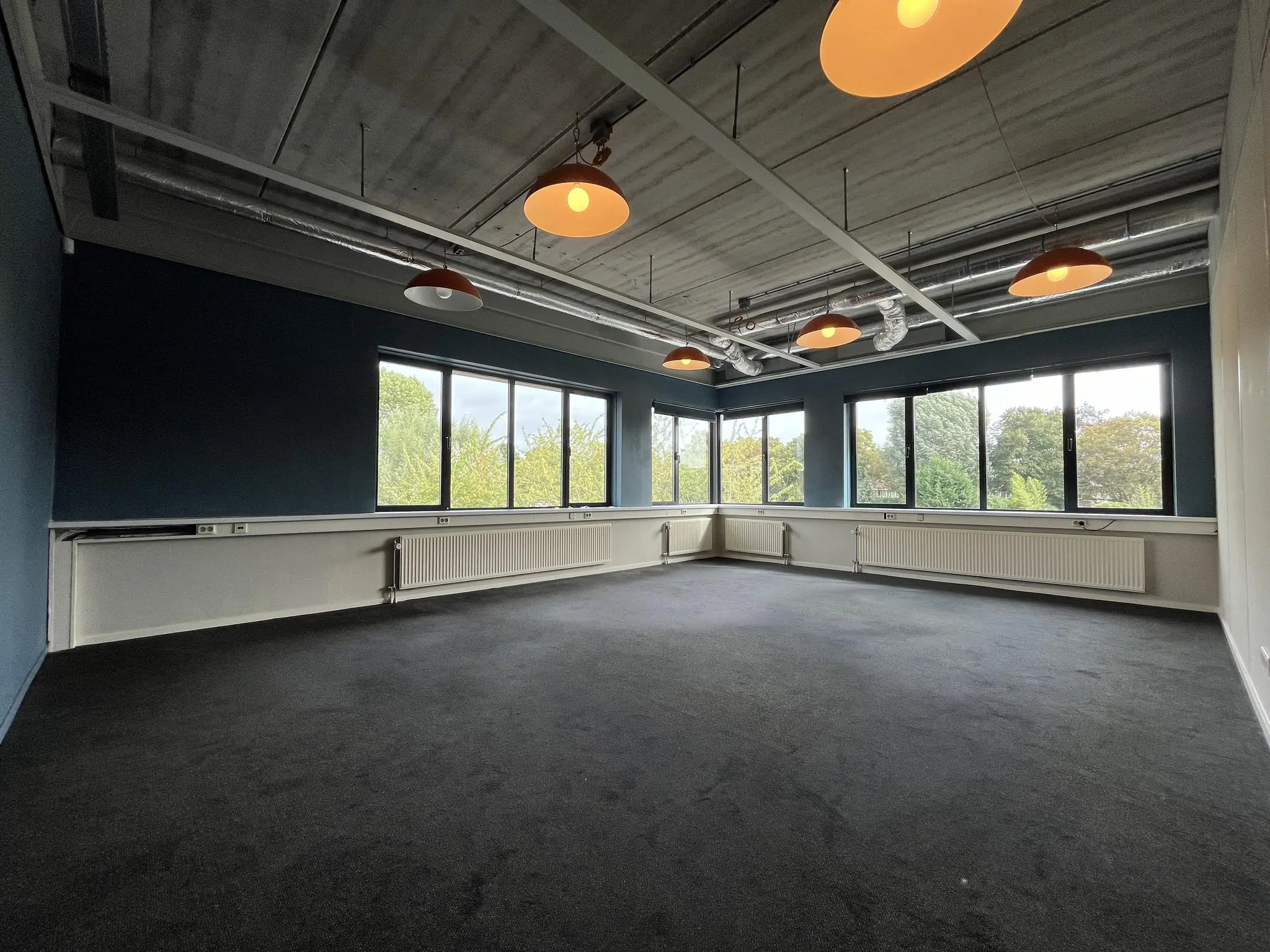 Lege kantoorruimte aan de Kanaalweg met donker tapijt, blauwe muren, grote ramen en industriële plafondverlichting.
