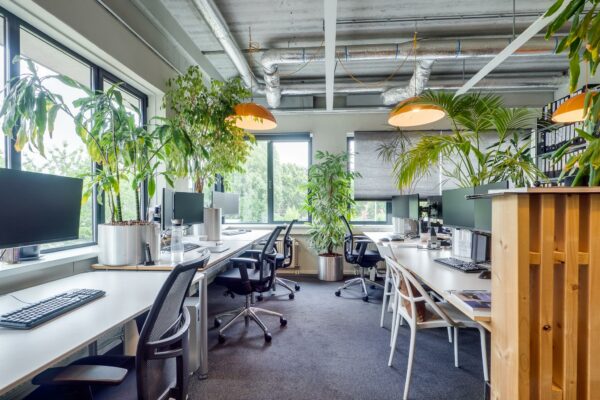 Modern kantoor aan de Kanaalweg met ruime bureaus, veel groen en grote ramen voor natuurlijk licht.