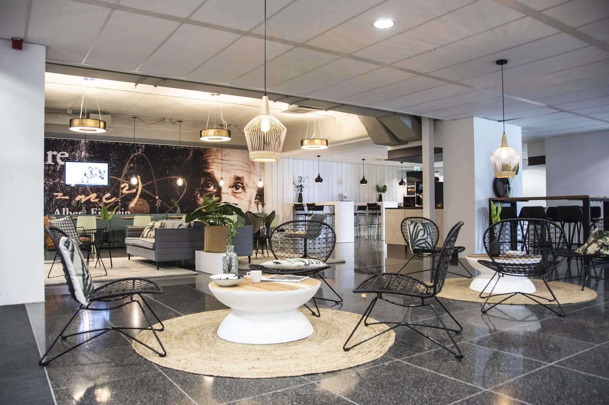 Moderne lounge- en werkruimte met zitplekken, planten en een grote muurschildering van Albert Einstein aan de Meidoornkade.