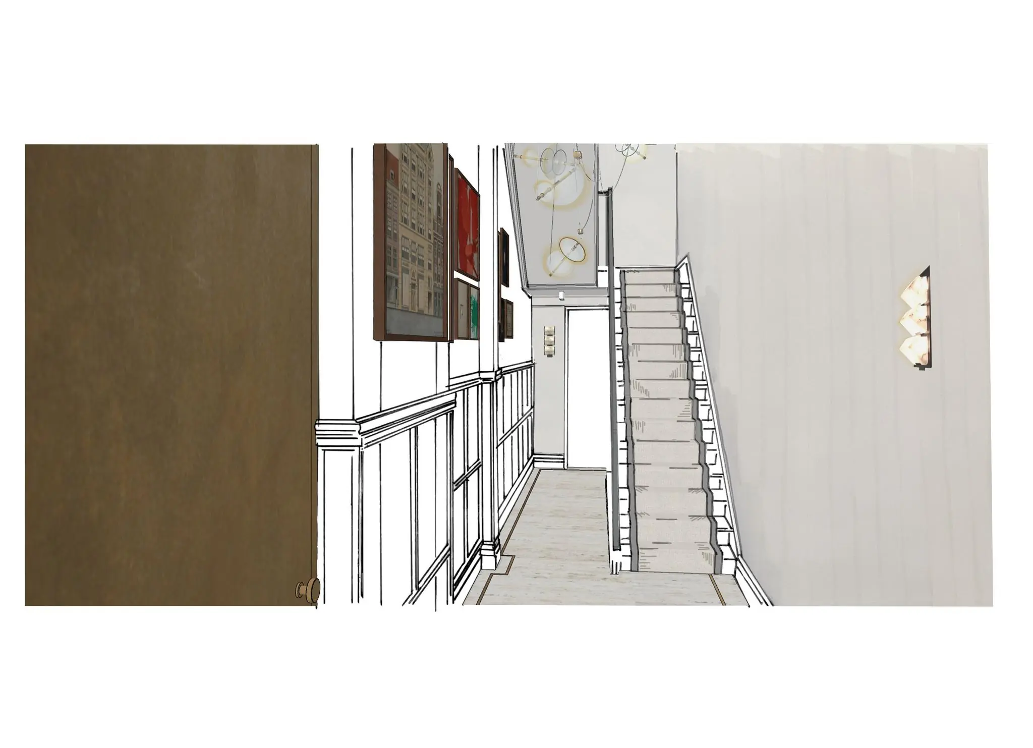 Getekende impressie van een hal op het Rokin met een trap, wandlampen en schilderijen aan de muur.