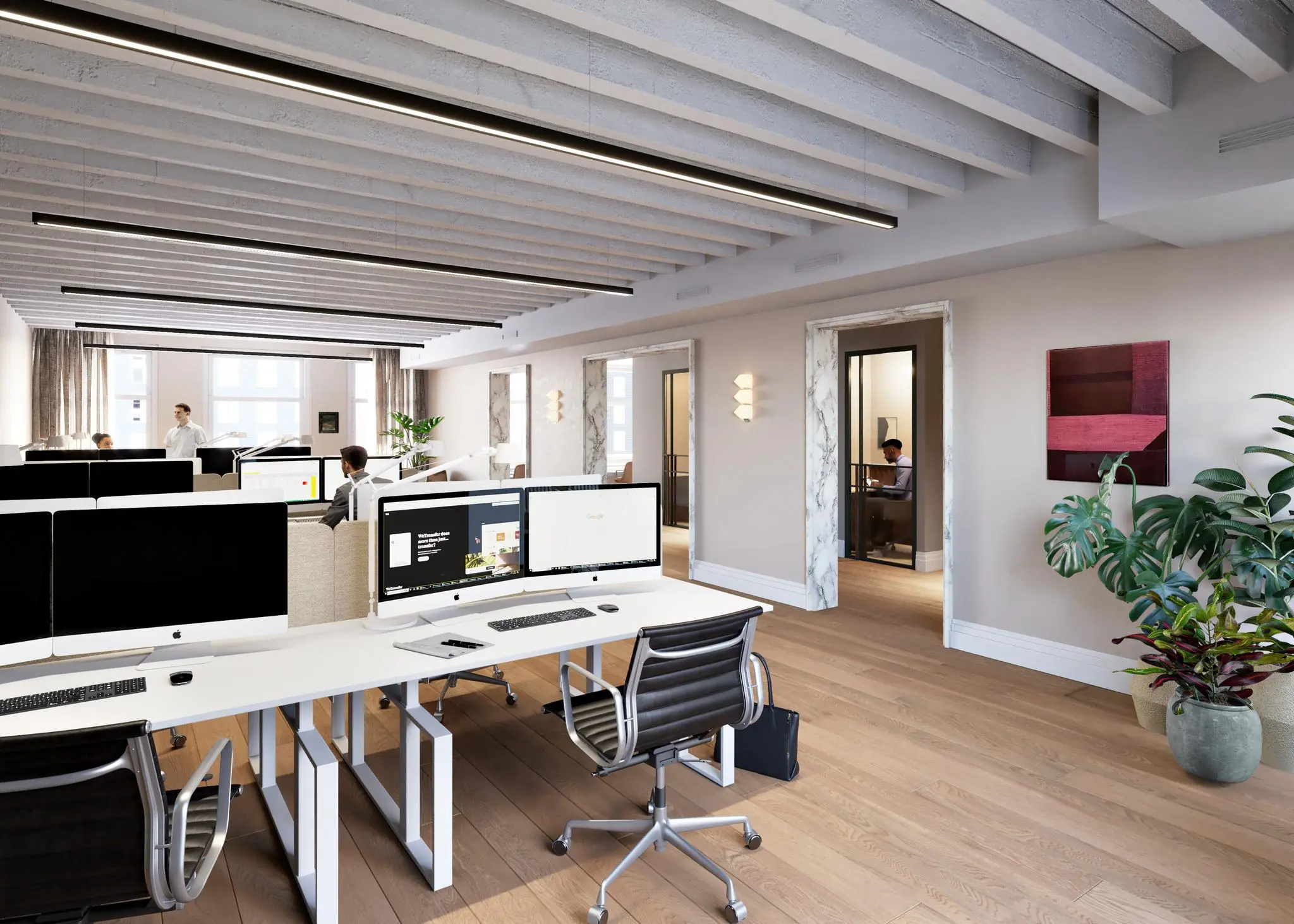 Modern kantoorinterieur aan het Rokin met open werkplekken, glazen vergaderruimtes en natuurlijke elementen zoals planten en houten vloeren.